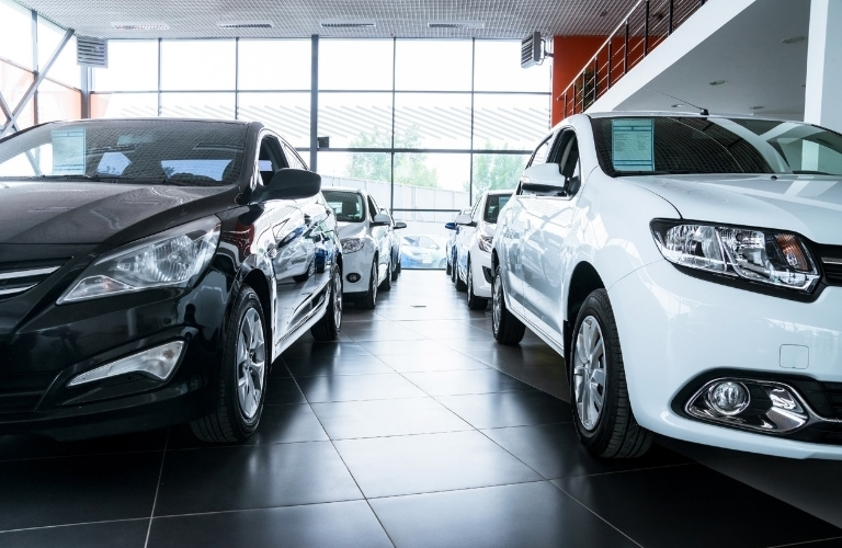 Black and white vehicles in dealership showroom