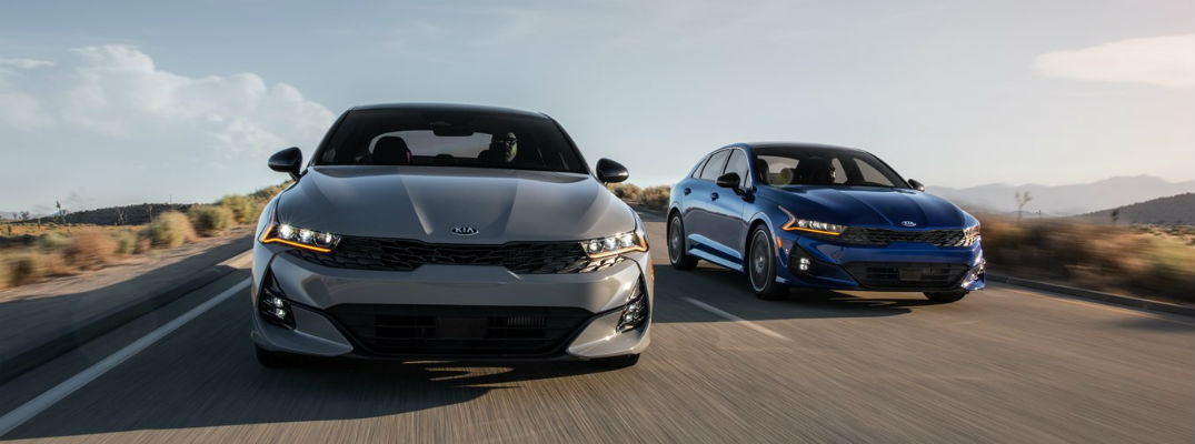 Grey and blue 2021 Kia K5 models