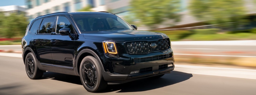 Black 2021 Kia Telluride Nightfall Edition driving
