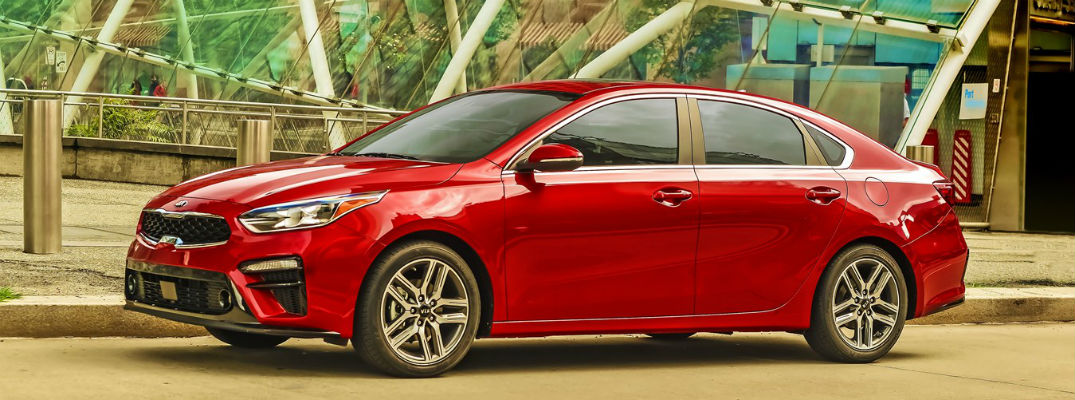 Side view of red 2021 Kia Forte