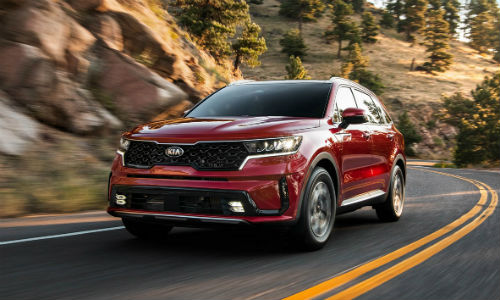 Front view of red 2021 Kia Sorento