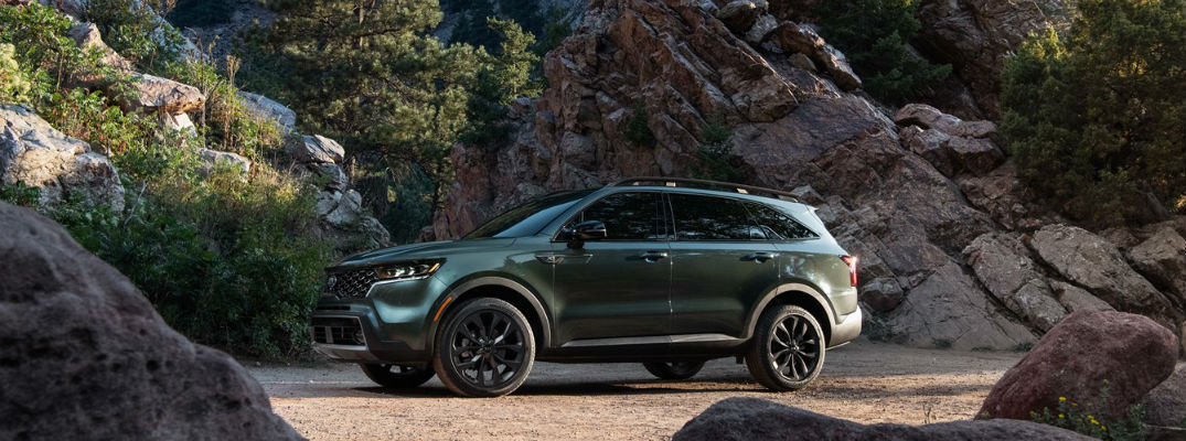 Side view of Aruba Green 2021 Kia Sorento X-Line