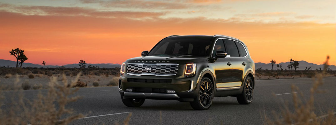 Black 2021 Kia Telluride in front of sunset