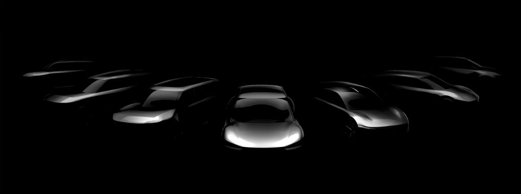 Black and grey promotional photo of upcoming Kia Motors EV lineup