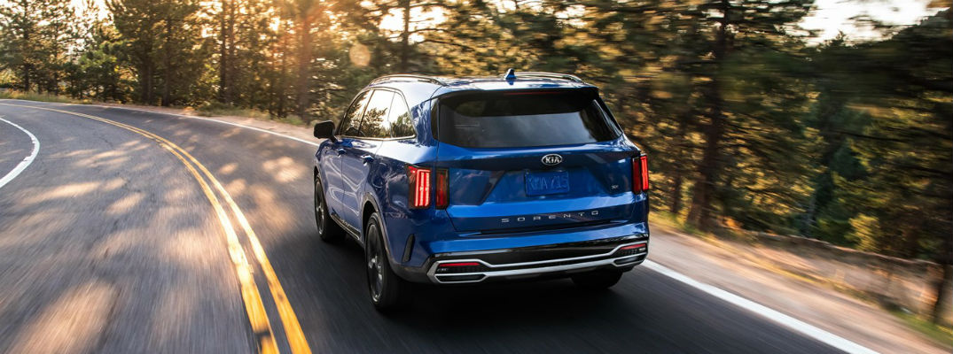 Rear view of blue 2021 Kia Sorento