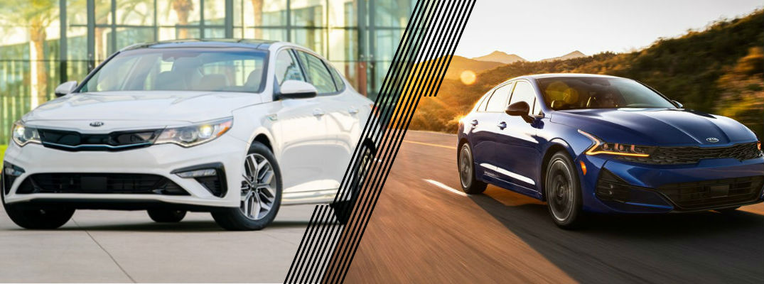 White 2020 Kia Optima and blue 2021 Kia K5