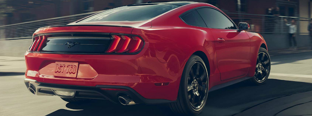 Rear View of Red 2018 Ford Mustang