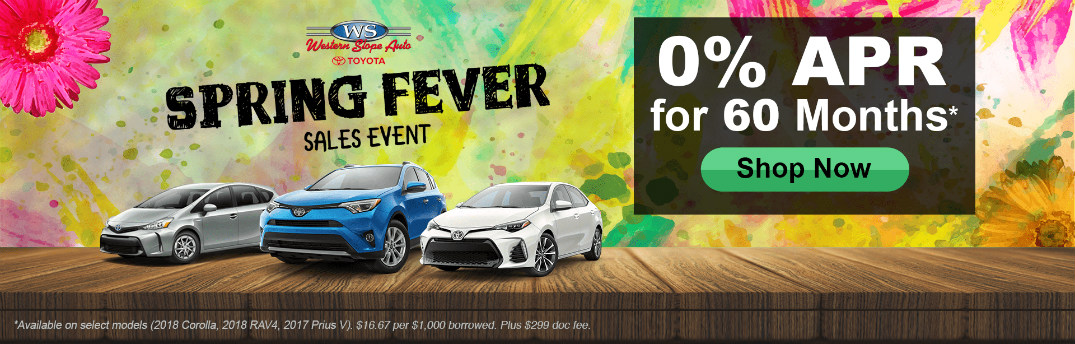 Western Slope Toyota Spring Fever Sales Event Title and Toyota RAV4, Corolla, and Prius V