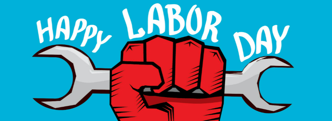 Happy Labor Day Title and a Red Hand Holding a Wrench