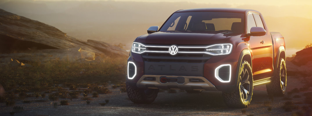 Volkswagen Atlas Tanoak concept pickup truck exterior front grille, fascia, and bumper shot at sunset overcast