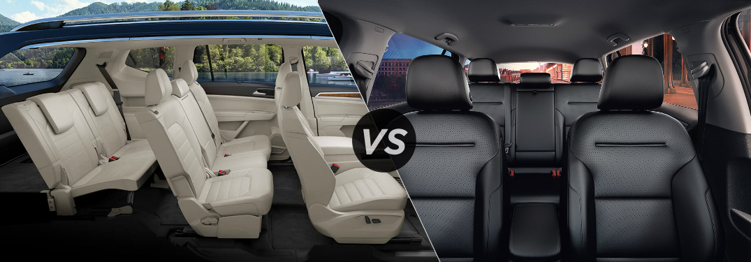 Split screen image of the interiors of the 2018 Volkswagen Atlas and the 2018 Volkswagen Golf Alltrack