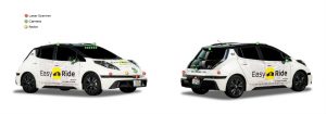 Pictures of Nissan Easy Ride vehicle from front and rear showing where different sensors are located