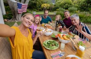 Family eating barbecue together