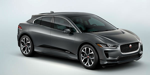 Gray 2019 Jaguar I-PACE HSE Front and Side Exterior on Light Blue Background