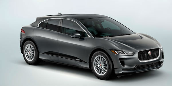 Gray 2019 Jaguar I-PACE S Front and Side Exterior on Light Blue Background