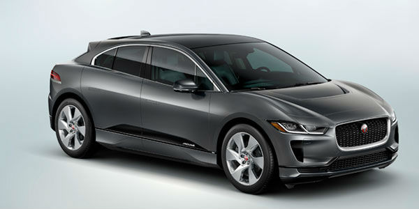 Gray 2019 Jaguar I-PACE SE Front and Side Exterior on Light Blue Background
