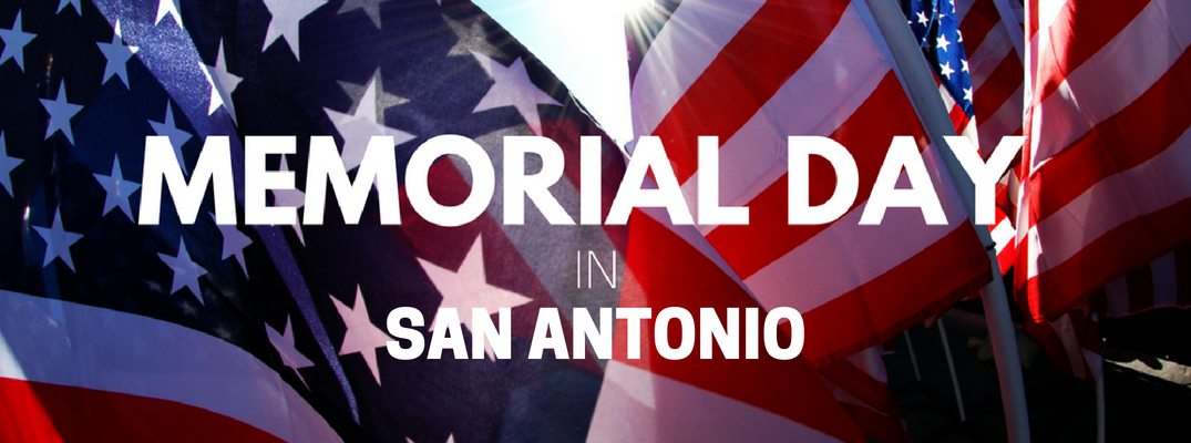 Close Up of American Flags with White Memorial Day in San Antonio Text