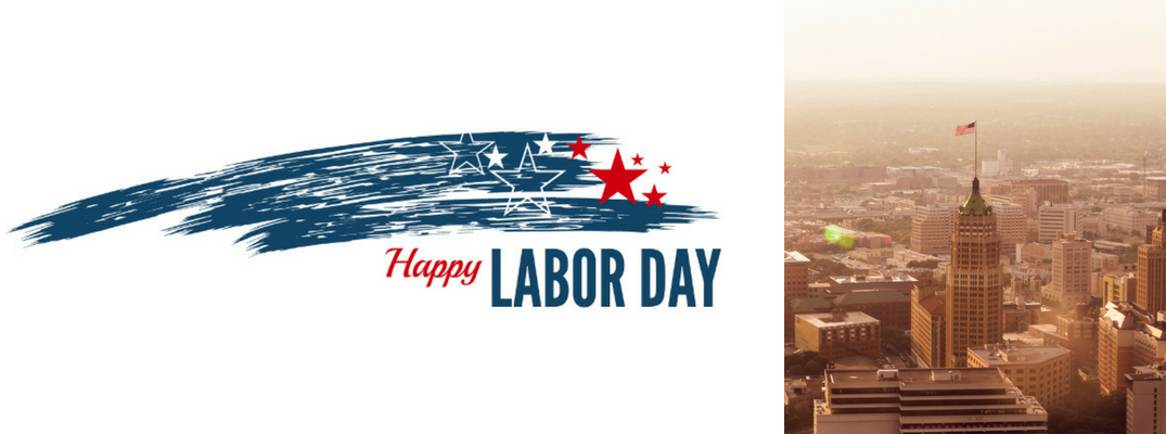 Red, White and Blue Happy Labor Day Graphic and a Picture of the San Antonio Skyline