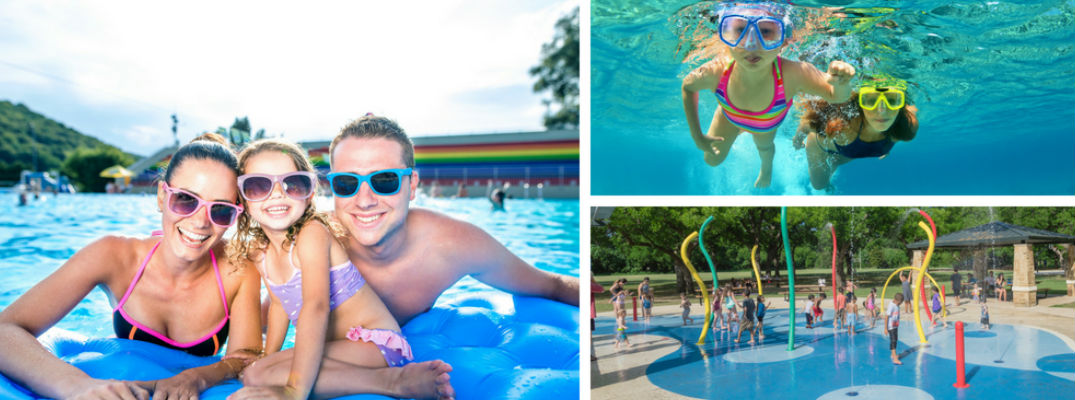 Pictures of a Family Floating in a Pool, a Mother and Daughter Snorkeling in a Pool and a Kid's Waterpark