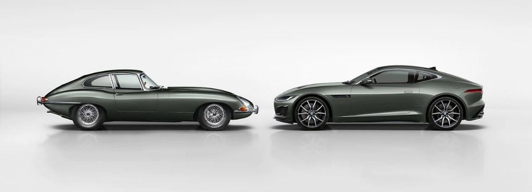 Jaguar E type and Jaguar F type heritage 60 lined opposite to each other