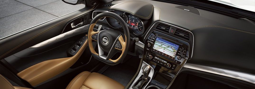 Birds-eye view of the infotainment system and interior of the 2018 Nissan Maxima SR