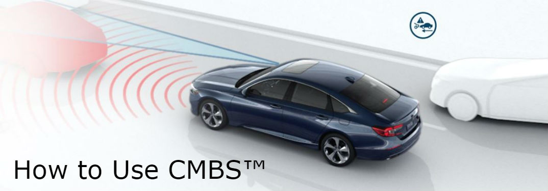 How to use the Collision Mitigation Braking System: image of a Honda car using the Collision Mitigation Braking System™ with text saying "How to Use CMBS™"