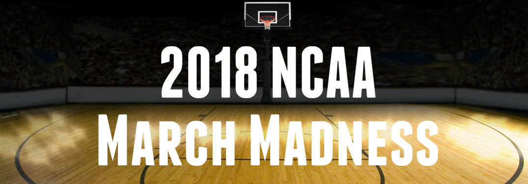 2018 NCAA March Madness text on basketball court