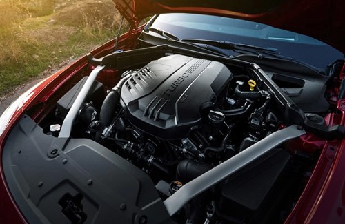 2021 Kia Stinger exterior hood open showing turbo engine