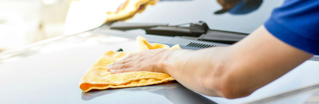 person wiping down the hood of a car