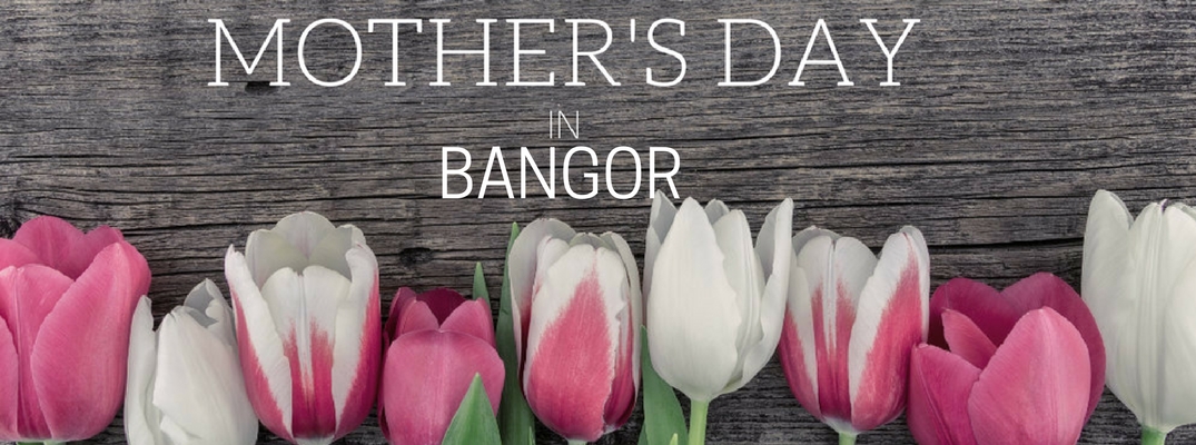 Pink and White Tulips on Dark Wood Background with White Mother's Day in Bangor Text