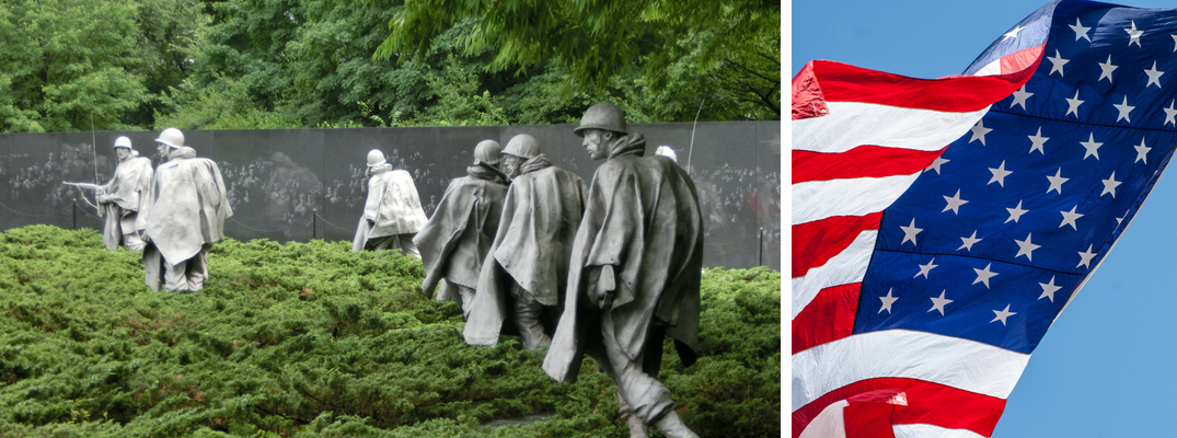 Statues of Soldiers at Korean War Memorial and a Close Up of American Flag Waving in the Air