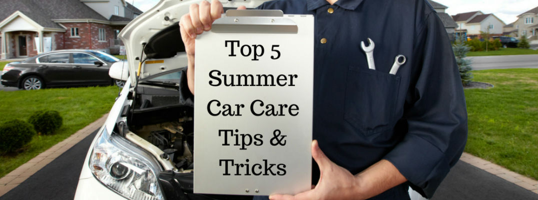 Mechanic Standing in Front of White Car Holding a Clipboard with Top 5 Summer Car Care Tips & Tricks Text