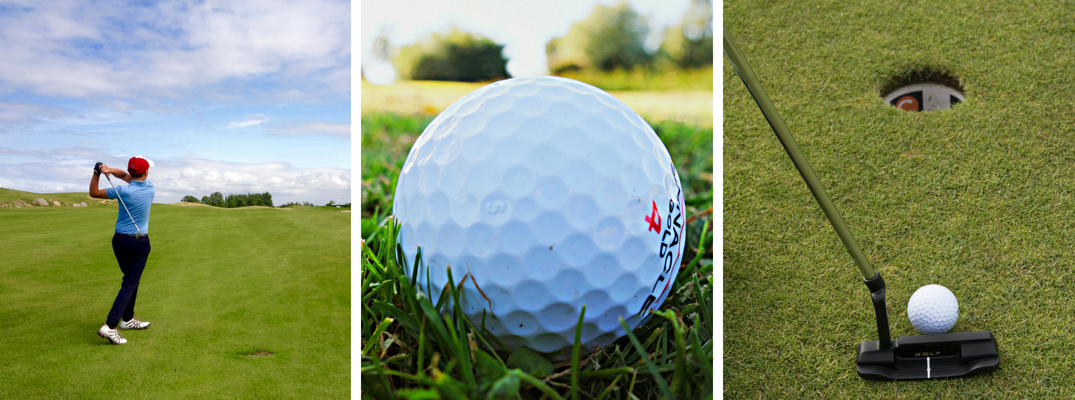 Man Hitting a Golf Ball, Close Up of a Golf Ball and a Putter, Ball and Hole on a Golf Course