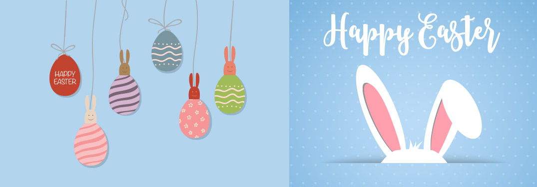 Happy Easter with rabbit ears and decorated eggs on a blue background