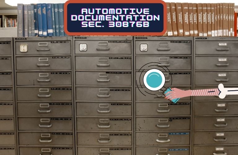 A frail hand holds a magnifying glass and searches for requested documentation. A sign reads, "Automotive Documentation Sec. 308768b"