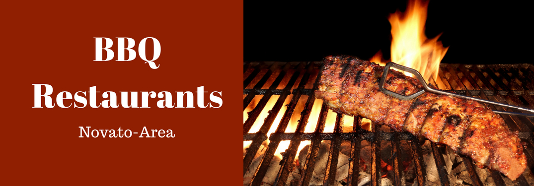 BBQ Restaurants Novato-Area Title and Meat Grilling over a Fire