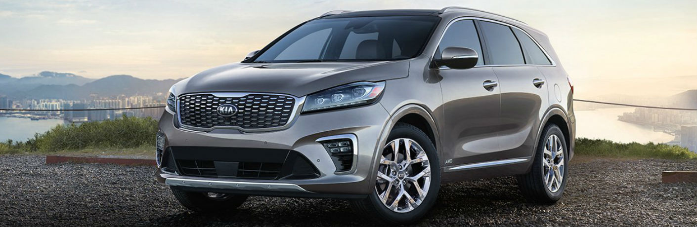 Grey 2019 Kia Sorento with a city skyline in the background