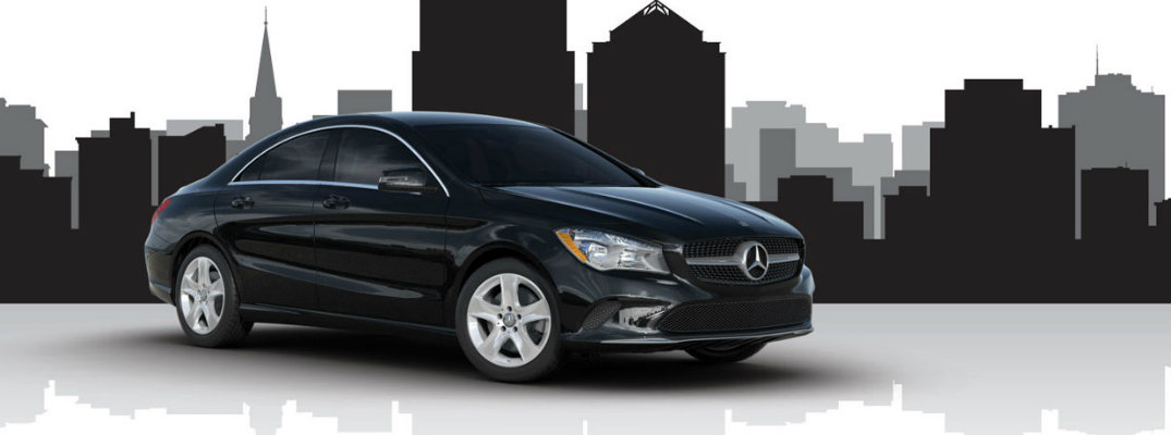 Navy Blue 2018 Mercedes-Benz CLA parked in front of illustration of city skyline