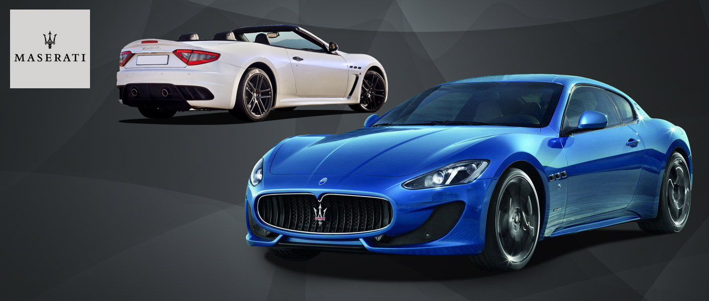 White and blue Maserati in a showroom
