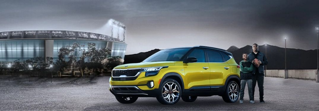 Kia Big Game Commercial banner with 2021 Kia Seltos and Josh Jacobs
