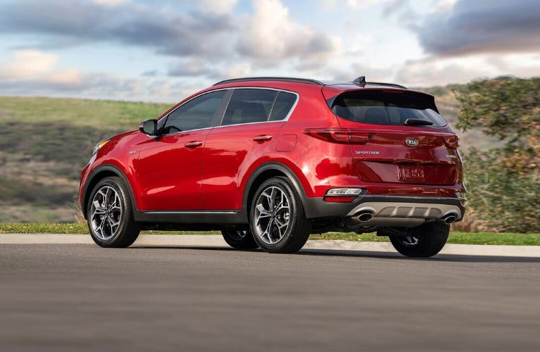 Exterior view of the rear of a red 2020 Kia Sportage