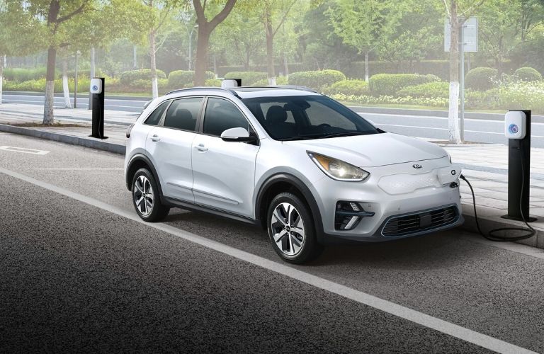 Exterior view of a white 2020 Kia Niro EV
