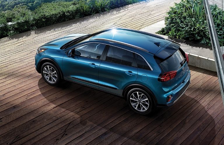 Exterior view of a blue 2020 Kia Niro