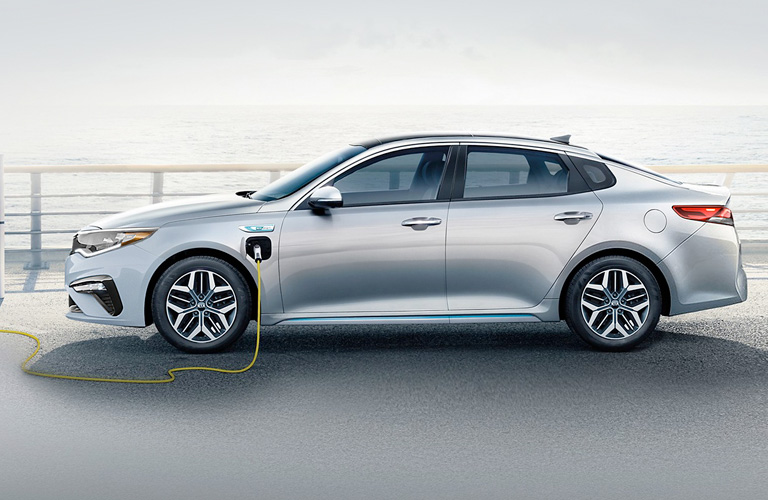 Exterior view of a silver 2020 Kia Optima Plug-In Hybrid