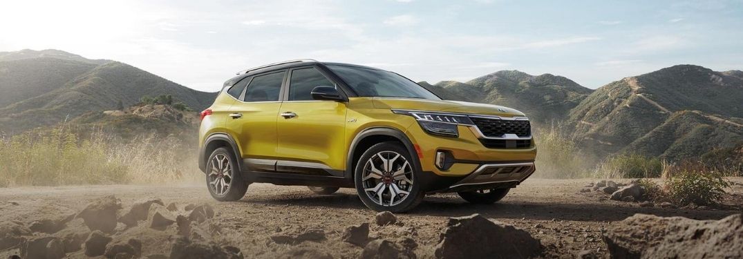 Exterior view of a gold 2021 Kia Seltos