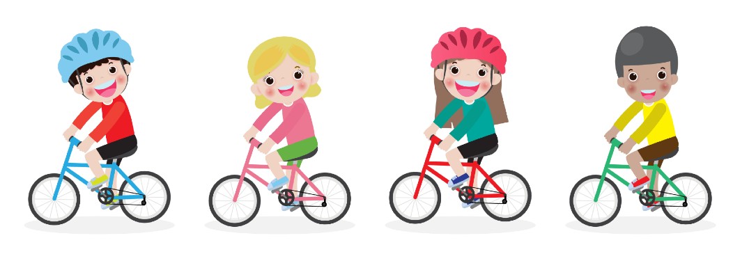 graphic of four kids on bikes smiling and laughing