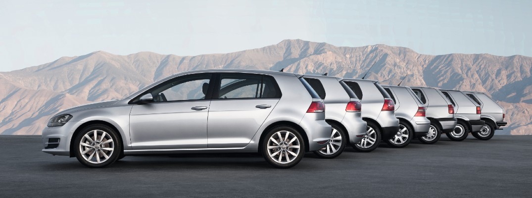 A photo of Volkswagen Golf models lineup from newest to oldest.