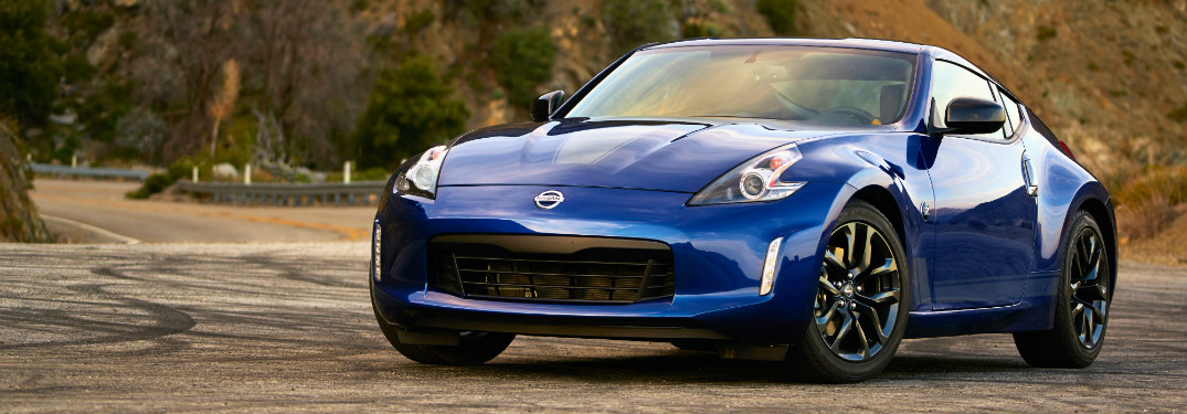 front and side view of blue 2019 nissan 370z with heritage edition package
