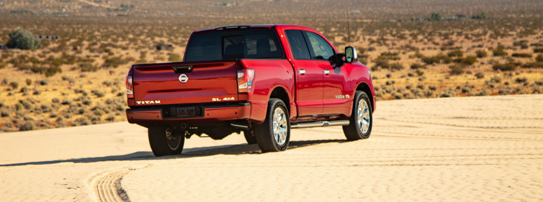 A photo of the 2020 Nissan Titan parked in the desert.