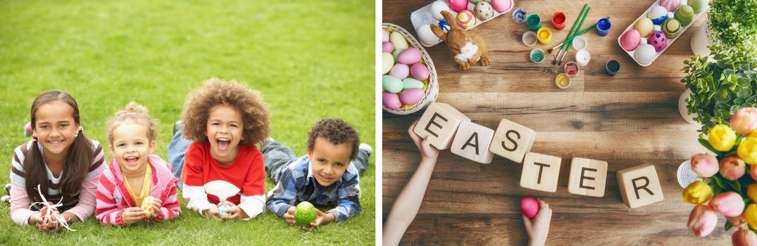 Side by side picture of kids in the grass and blocks that spell out Easter